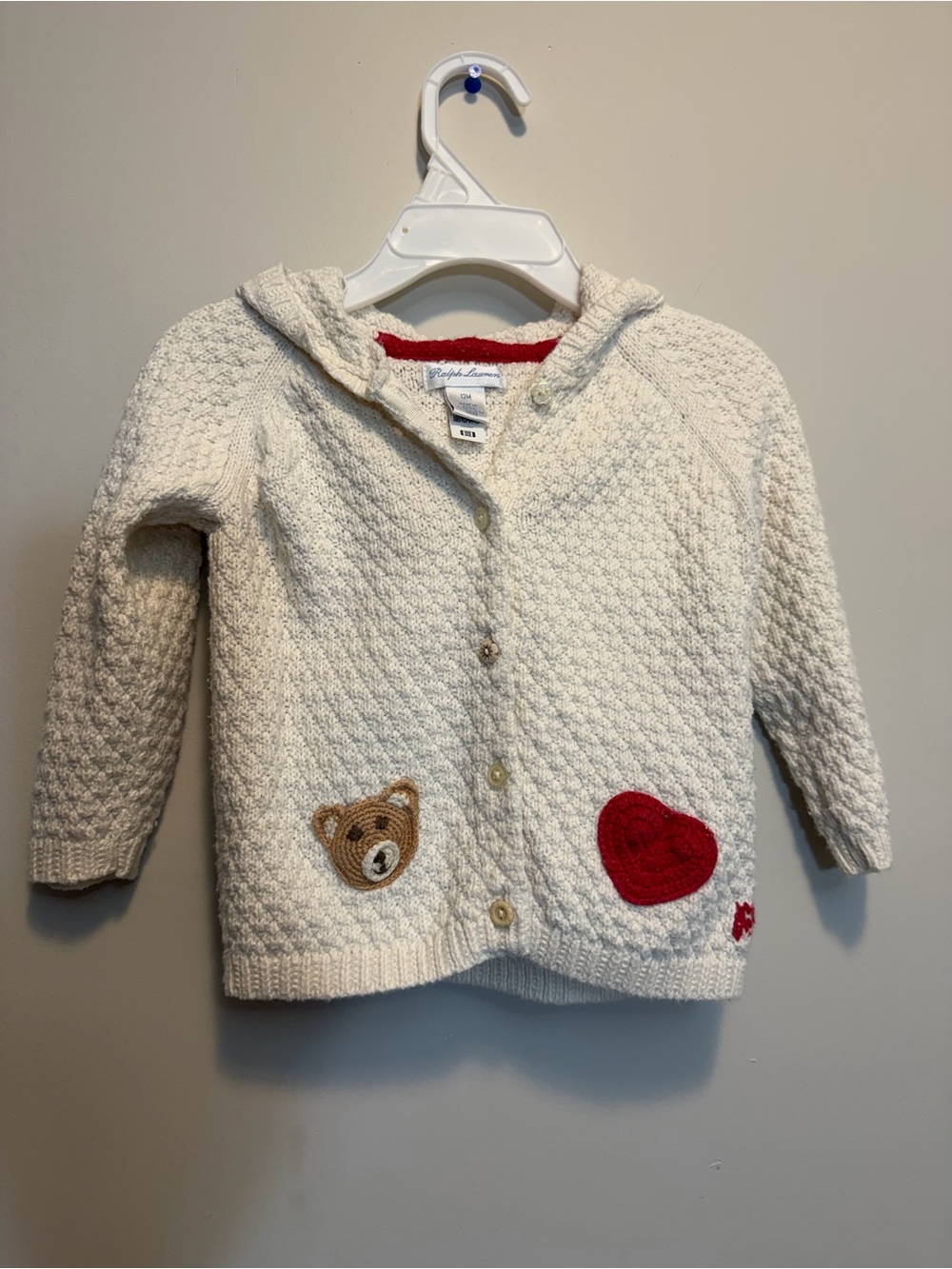 Ralph Lauren Cream Hooded Knit Cardigan with Red Heart & Bear Patch